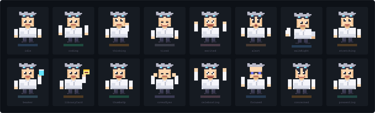 Dr. Vibe 16 animation states: idle, coding, thinking, tired, excited, alert, and more