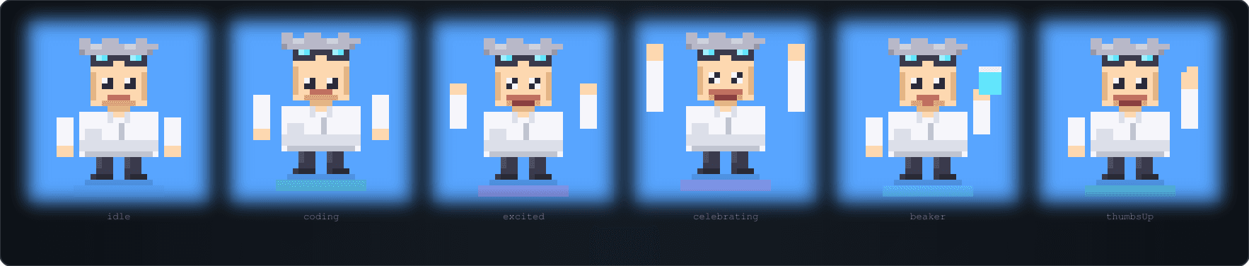 Dr. Vibe character poses: idle, coding, excited, celebrating, beaker, thumbs up
