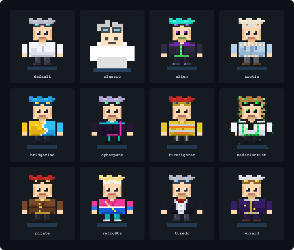 Dr. Vibe 12 character skins including default, cyberpunk, wizard, alien, and more