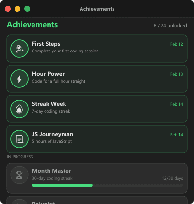 Dr. Vibe Achievements: unlockable badges across 9 categories with progress tracking