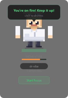 Dr. Vibe floating widget on desktop: transparent always-on-top window showing the character