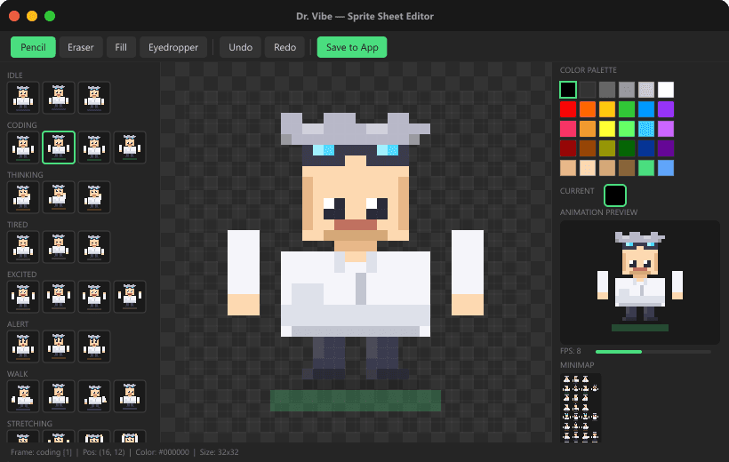 Dr. Vibe Sprite Editor: pixel editor with frame navigator, color palette, and animation preview